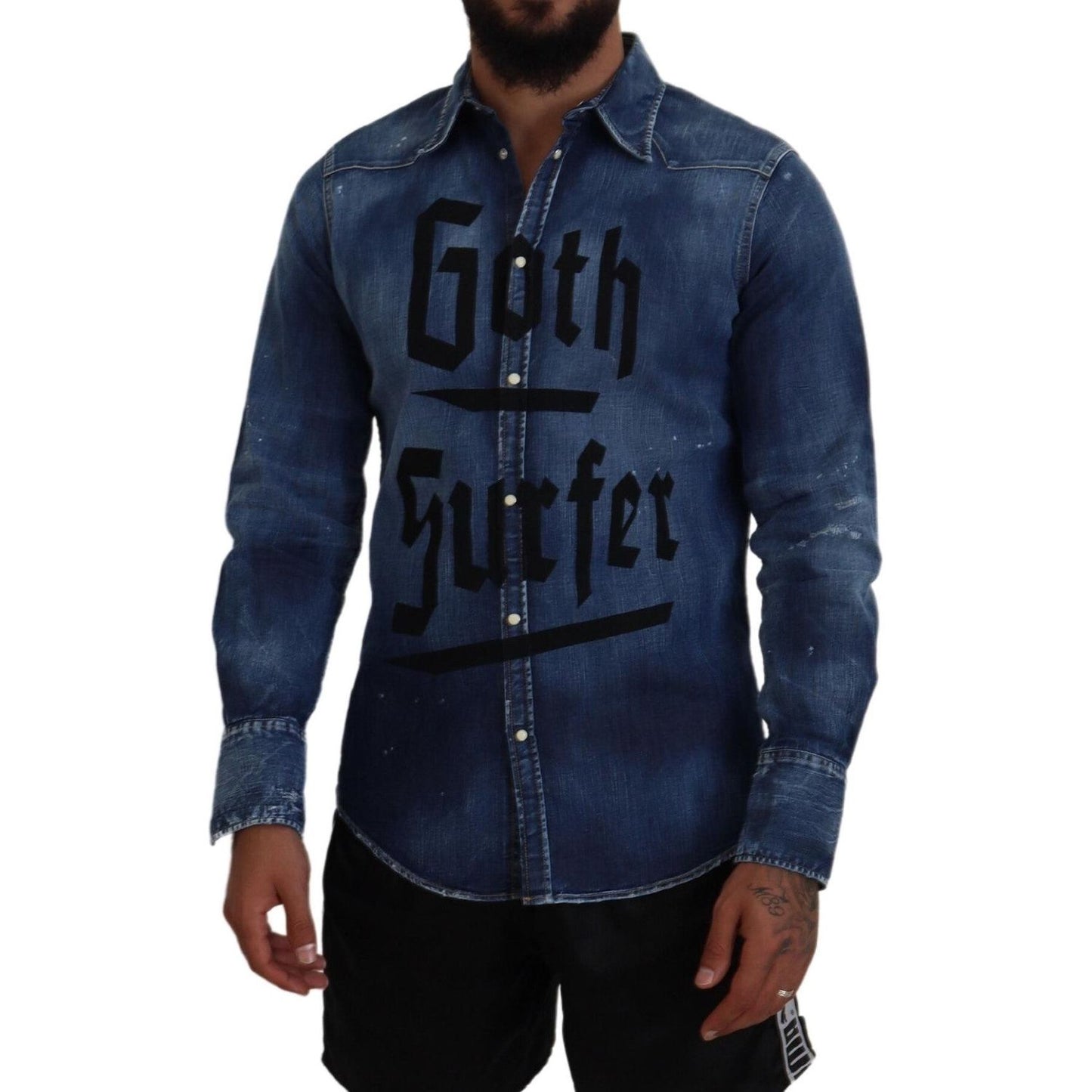 Dsquared² Blue Washed Goth Surfer Print Men Denim Shirt Dsquared²