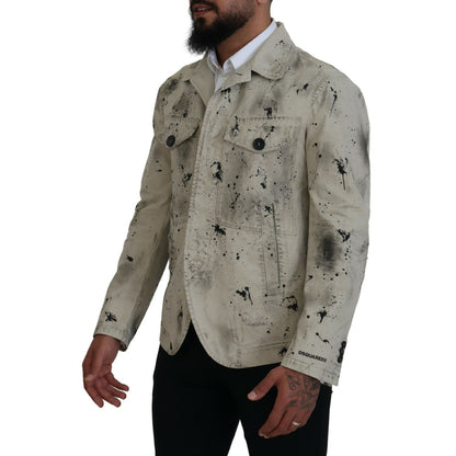 Dsquared² Off White Black Splash Print Casual Denim Jacket