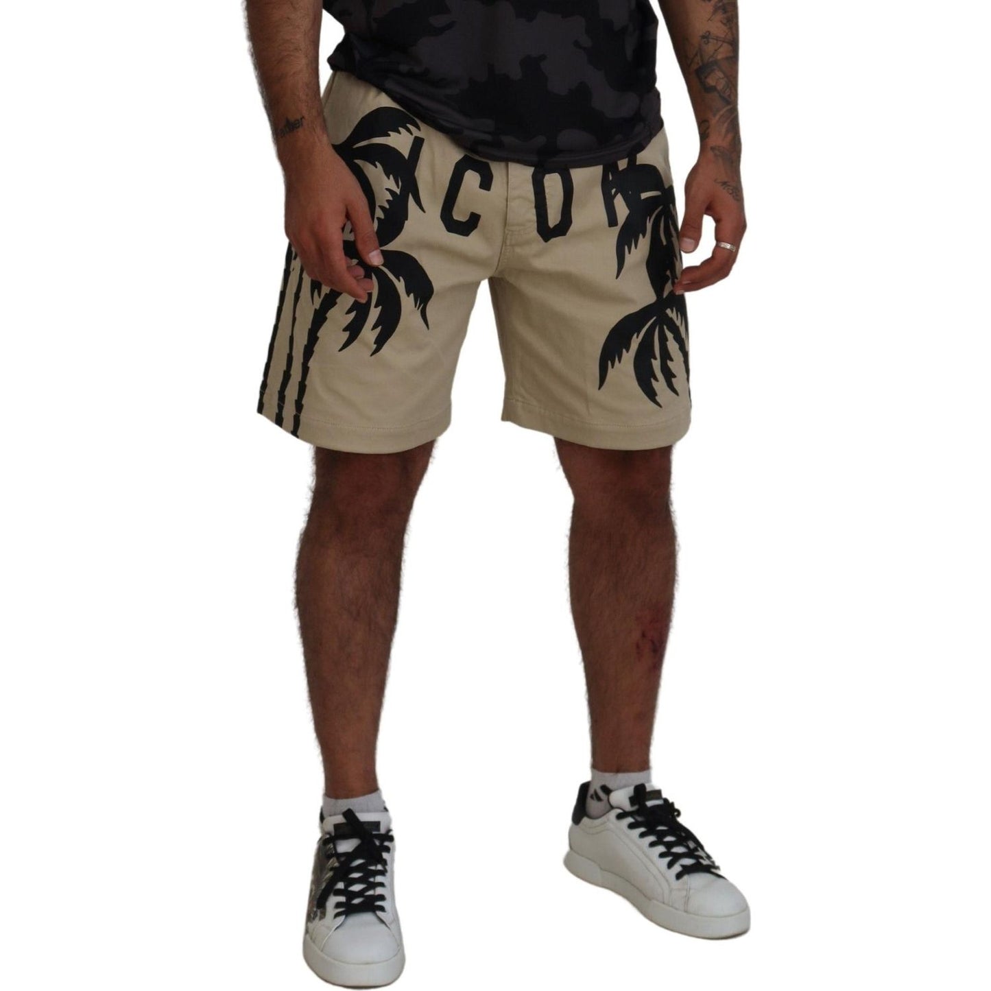 Dsquared² Beige Cotton Logo Printed Above Knee Shorts Dsquared²