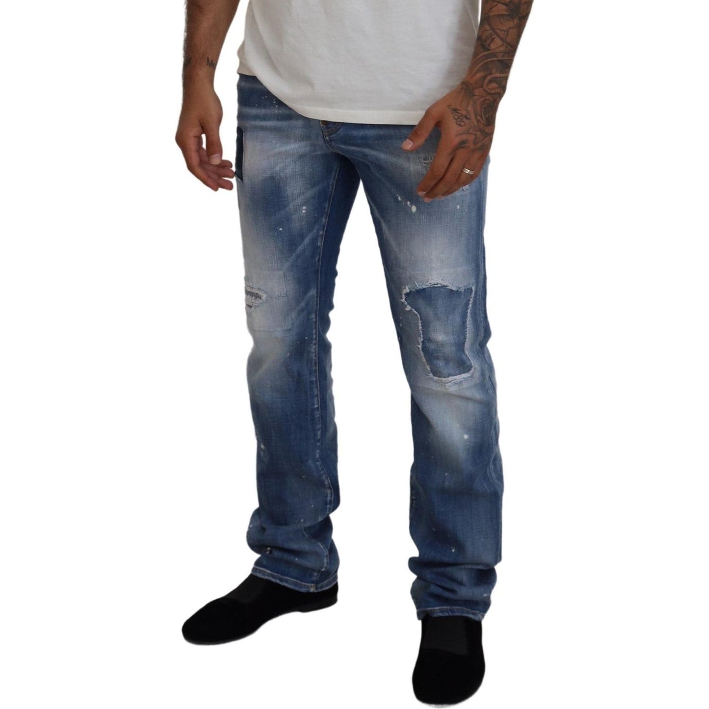 Dsquared² Blue Washed Tattered Straight Fit Casual Denim Jeans Dsquared²