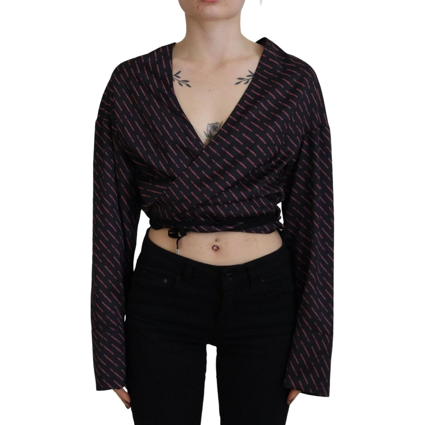 Dsquared² Black Polyester Cropped Logo Printed Blouse Top