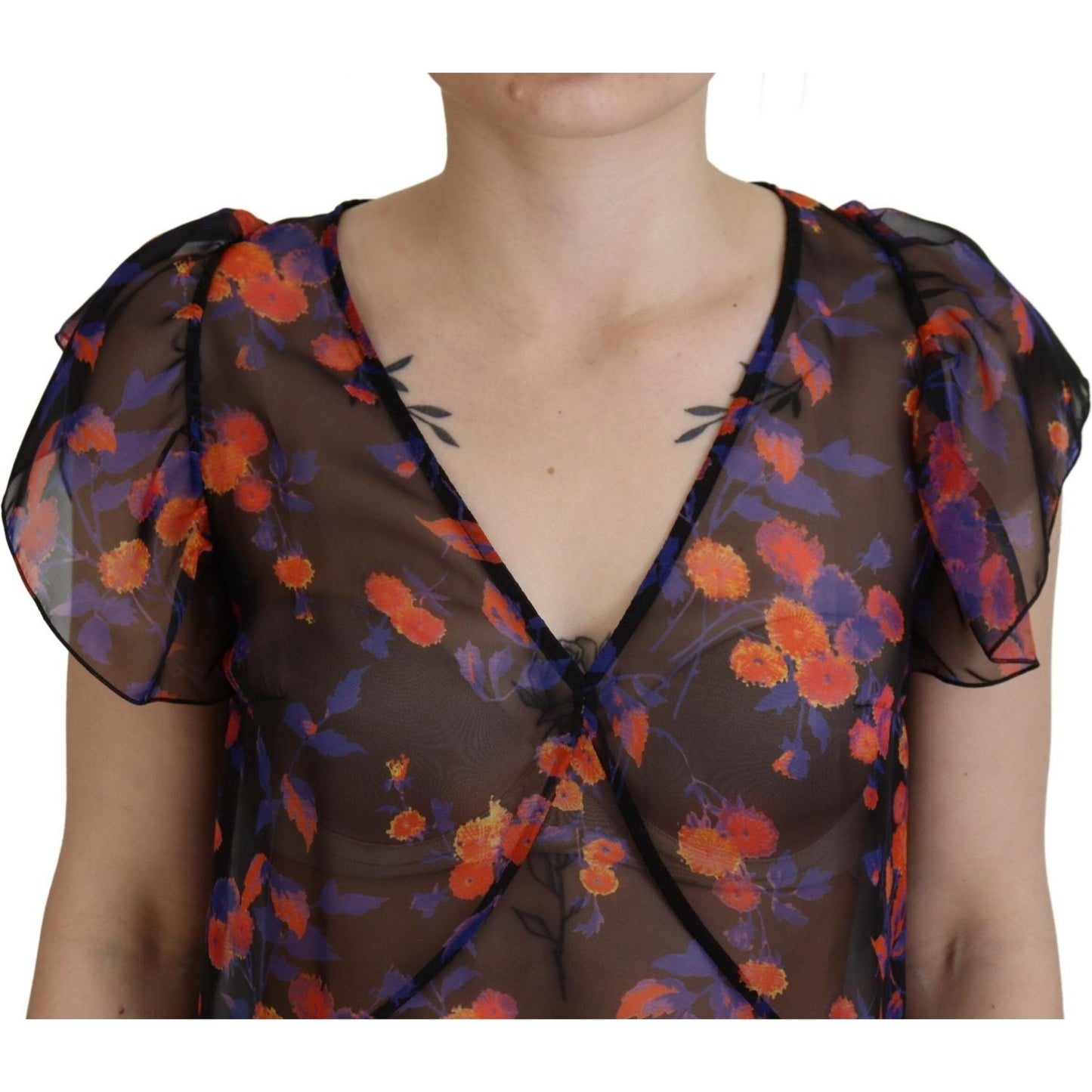 Dsquared² Black Floral Print Short Sleeves V-neck Blouse Top Dsquared²