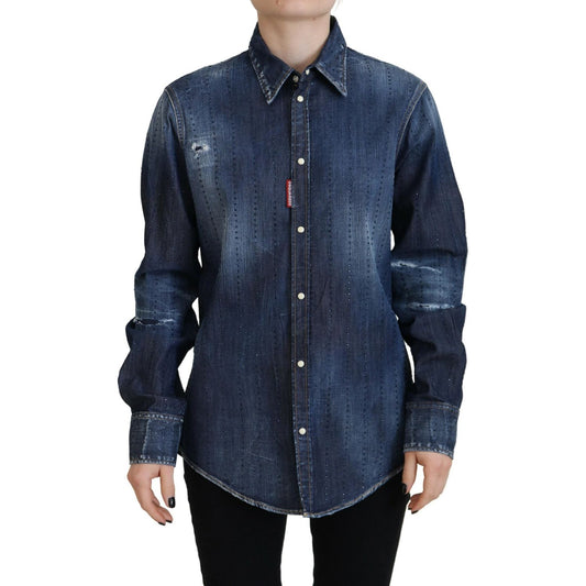 Dsquared² Blue Washed Cotton Button Down Collared Denim Top Dsquared²