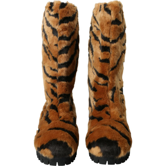 Dolce & Gabbana Brown Tiger Fur Leather Mid Calf Boots Shoes Dolce & Gabbana