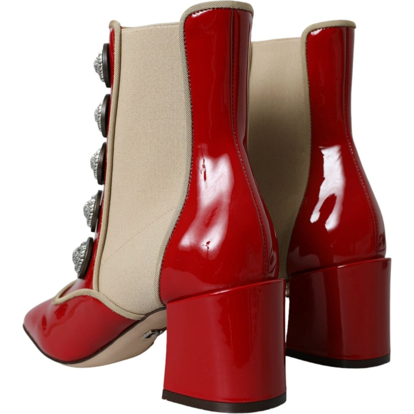 Dolce & Gabbana Red Beige Leather Embellished Mid Calf Boots Shoes Dolce & Gabbana