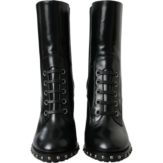 Dolce & Gabbana Black Leather Studded Lace Up Boots Shoes Dolce & Gabbana