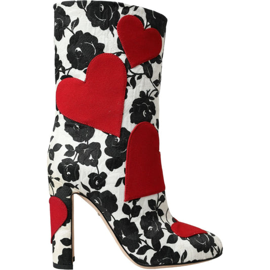 Dolce & Gabbana White Floral Hearts Leather High Boots Shoes Dolce & Gabbana