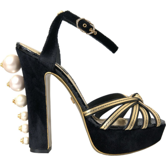 Dolce & Gabbana Black Gold Embellished Heels Sandals Shoes Dolce & Gabbana