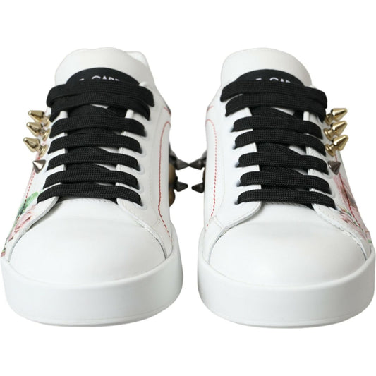 Dolce & Gabbana White Leather Crystal Roses Floral Sneakers Shoes Dolce & Gabbana