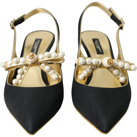 Dolce & Gabbana Black Leather Faux Pearls Slingbacks Shoes Dolce & Gabbana