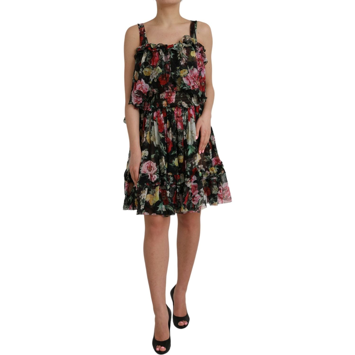 Dolce & Gabbana Black Floral Silk A-line Sleeveless Dress