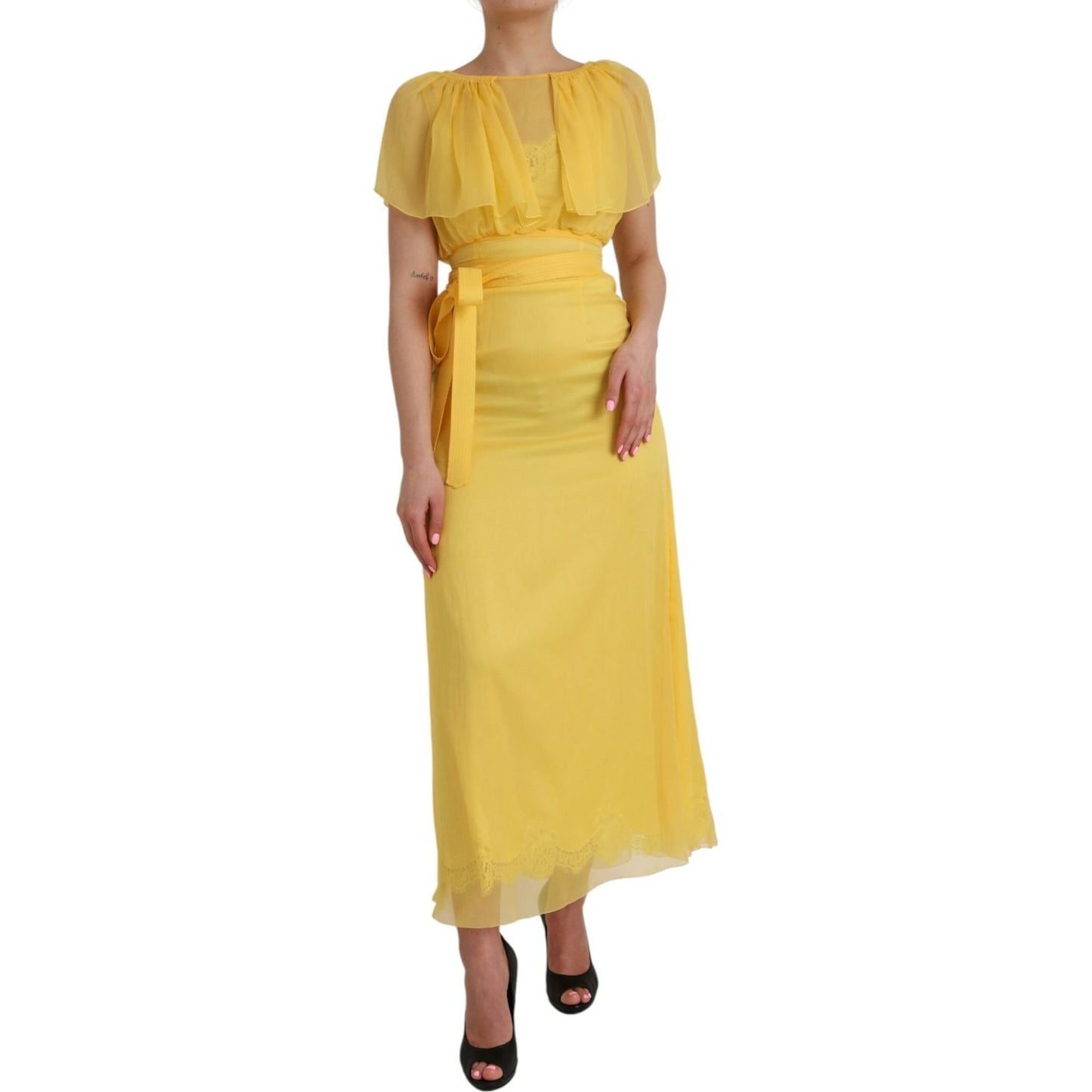 Dolce & Gabbana Yellow Silk Sheath Belted Long Maxi Dress Dolce & Gabbana