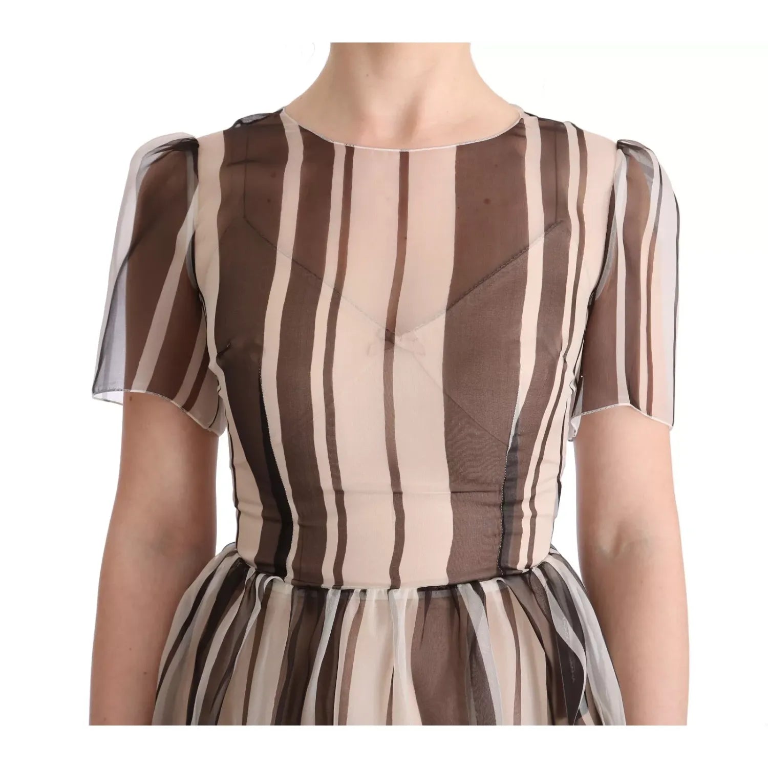 Dolce & Gabbana Beige Brown Striped Silk Sheath Dress
