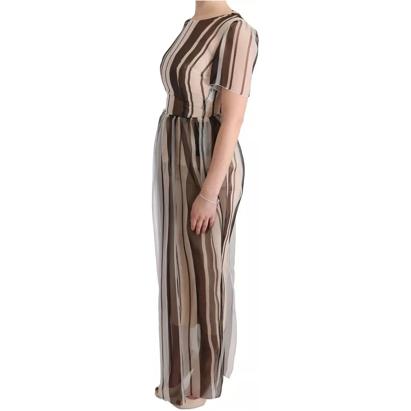 Dolce & Gabbana Beige Brown Striped Silk Sheath Dress Dolce & Gabbana