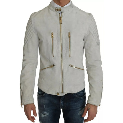Dolce & Gabbana Leather White Biker Motorcycle Jacket 100% leather lambskin,1728,67345645728,Biker Jackets - Jackets & Coats - Clothing,Clothing,Dolce & Gabbana,IT48 | M,Jackets & Coats - Clothing,Jackets - Men - Clothing,Leather Jackets - Jackets & Coats