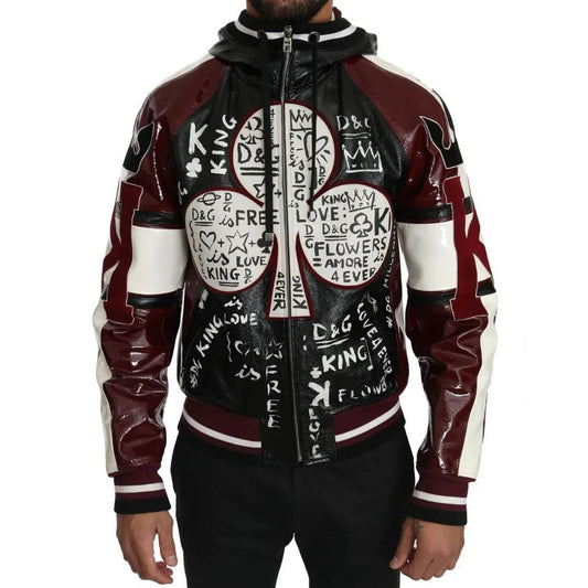 Dolce & Gabbana Black Bordeaux Hooded Leather DG King of Love Jacket 1728,30% Lambskin,67345645728,Biker Jackets - Jackets & Coats - Clothing,Black,Clothing,Dolce & Gabbana,IT50 | L,Jackets & Coats - Clothing,Jackets - Men - Clothing,Leather Jackets - Jac
