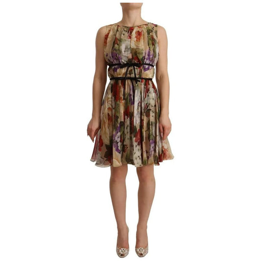 Dolce & Gabbana Beige Floral Sleeveless Round Neck Mini Dress Dolce & Gabbana