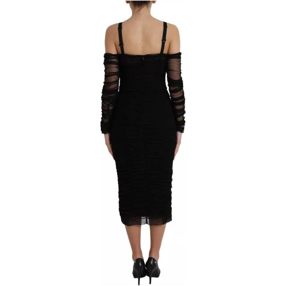 Dolce & Gabbana Black Cold Shoulder Stretch Tulle Midi Dress Dolce & Gabbana