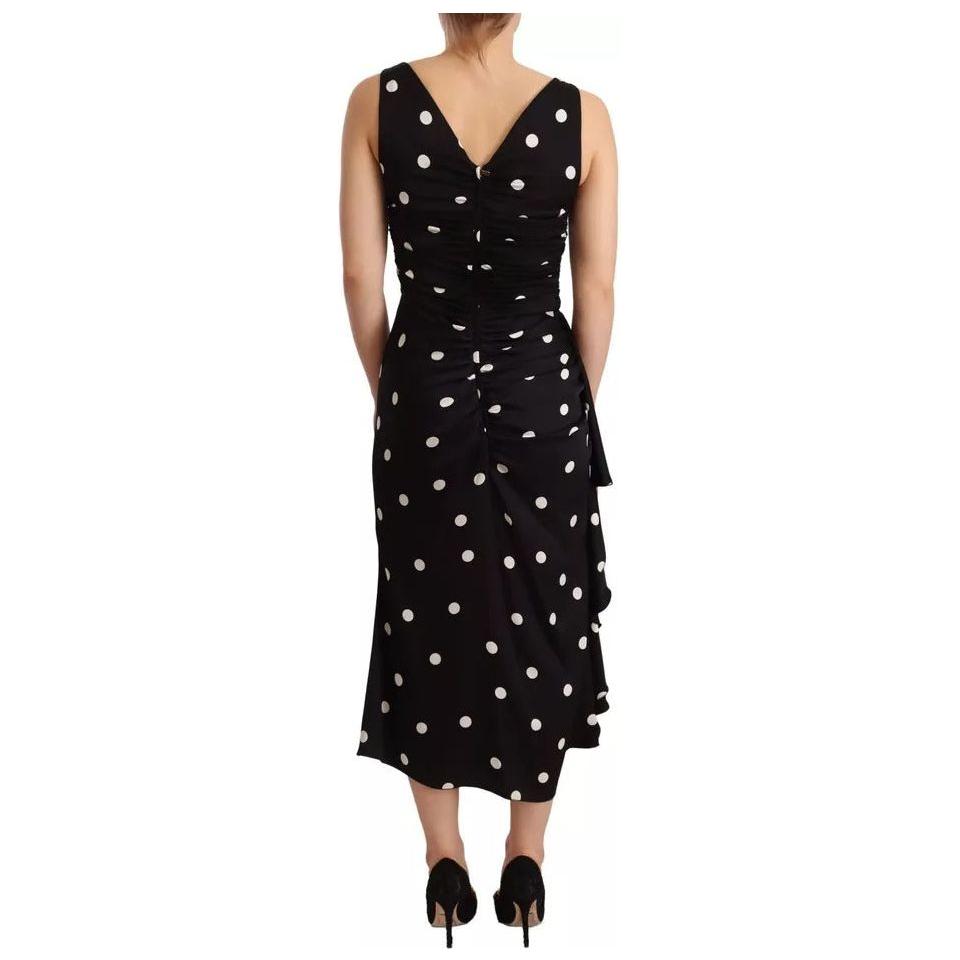 Dolce & Gabbana Black Silk Polka Dots V-neck Sheath Midi Dress Dolce & Gabbana