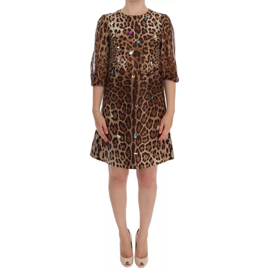 Dolce & Gabbana Leopard Silk Wool Crystal Shift Dress Dolce & Gabbana