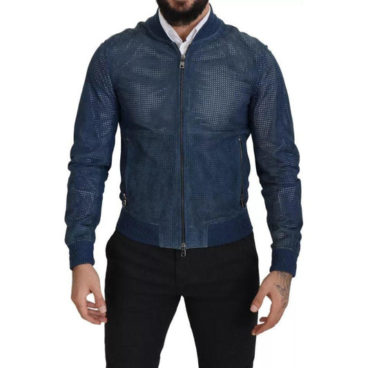 Dolce & Gabbana Blue Leather Perforated Full Zip Jacket Dolce & Gabbana