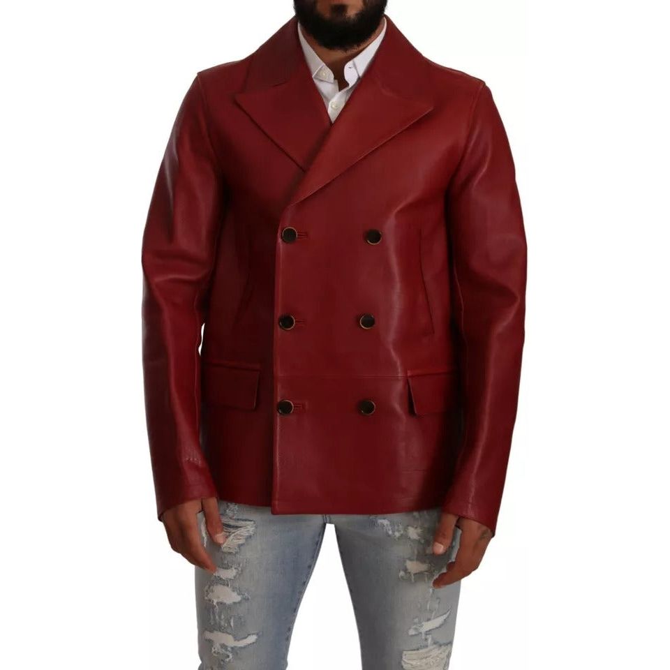 Red Double Breasted Leather Coat Jacket