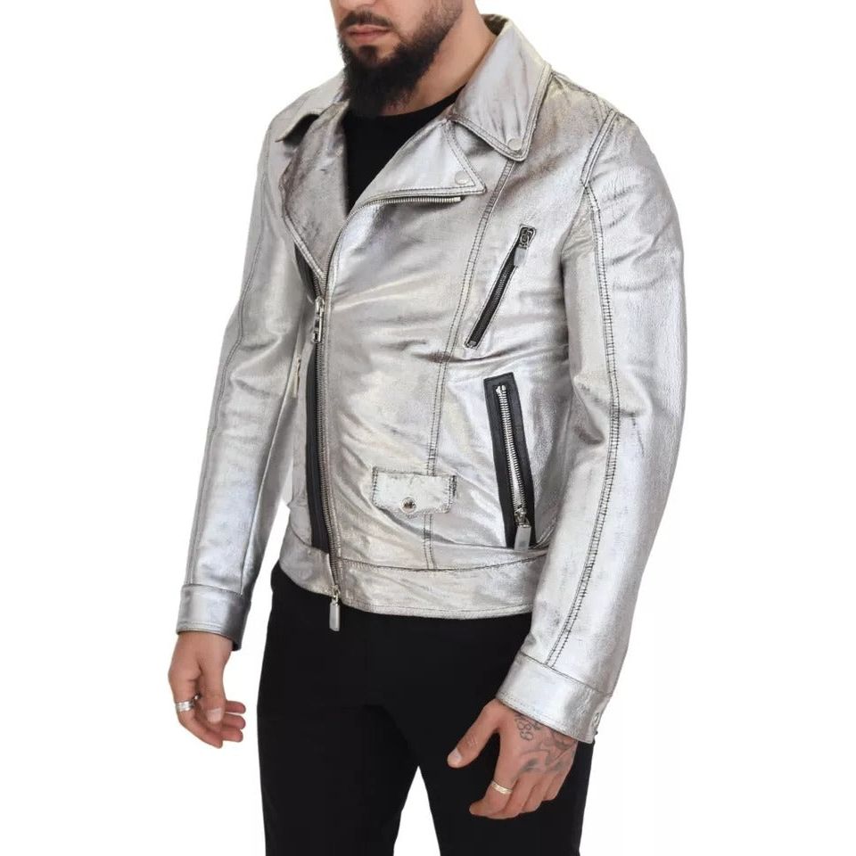 Silver Leather Biker Coat Lambskin Jacket