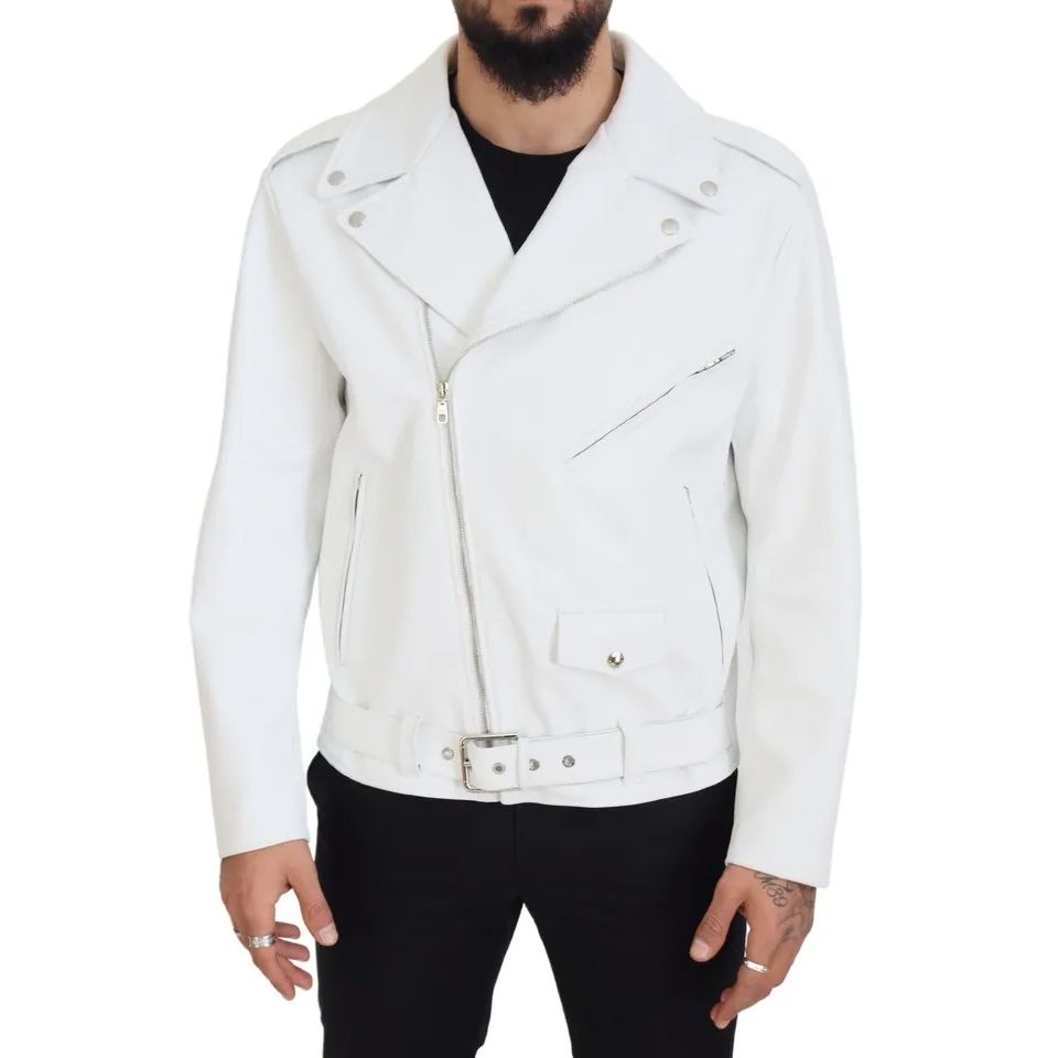Dolce & Gabbana White Leather Biker Coat Zipper Jacket 1728,67345645728,Biker Jackets - Jackets & Coats - Clothing,Clothing,Dolce & Gabbana,IT46 | S,Jackets & Coats - Clothing,Jackets - Men - Clothing,Leather Jackets - Jackets & Coats - Clothing,Material: