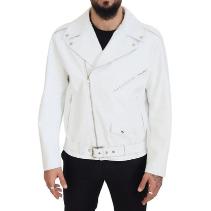 Dolce & Gabbana White Leather Biker Coat Zipper Jacket 1728,67345645728,Biker Jackets - Jackets & Coats - Clothing,Clothing,Dolce & Gabbana,IT46 | S,Jackets & Coats - Clothing,Jackets - Men - Clothing,Leather Jackets - Jackets & Coats - Clothing,Material: