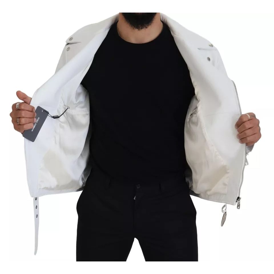 Dolce & Gabbana White Leather Biker Coat Zipper Jacket 1728,67345645728,Biker Jackets - Jackets & Coats - Clothing,Clothing,Dolce & Gabbana,IT46 | S,Jackets & Coats - Clothing,Jackets - Men - Clothing,Leather Jackets - Jackets & Coats - Clothing,Material: