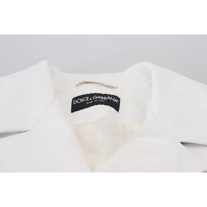 Dolce & Gabbana White Leather Biker Coat Zipper Jacket 1728,67345645728,Biker Jackets - Jackets & Coats - Clothing,Clothing,Dolce & Gabbana,IT46 | S,Jackets & Coats - Clothing,Jackets - Men - Clothing,Leather Jackets - Jackets & Coats - Clothing,Material: