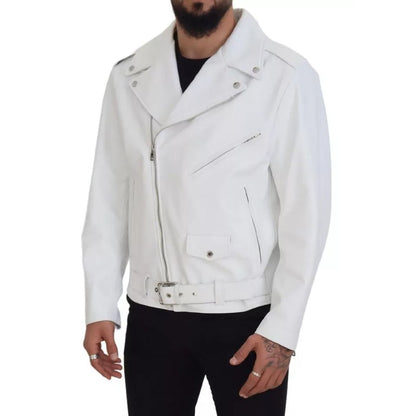 Dolce & Gabbana White Leather Biker Coat Zipper Jacket 1728,67345645728,Biker Jackets - Jackets & Coats - Clothing,Clothing,Dolce & Gabbana,IT46 | S,Jackets & Coats - Clothing,Jackets - Men - Clothing,Leather Jackets - Jackets & Coats - Clothing,Material: