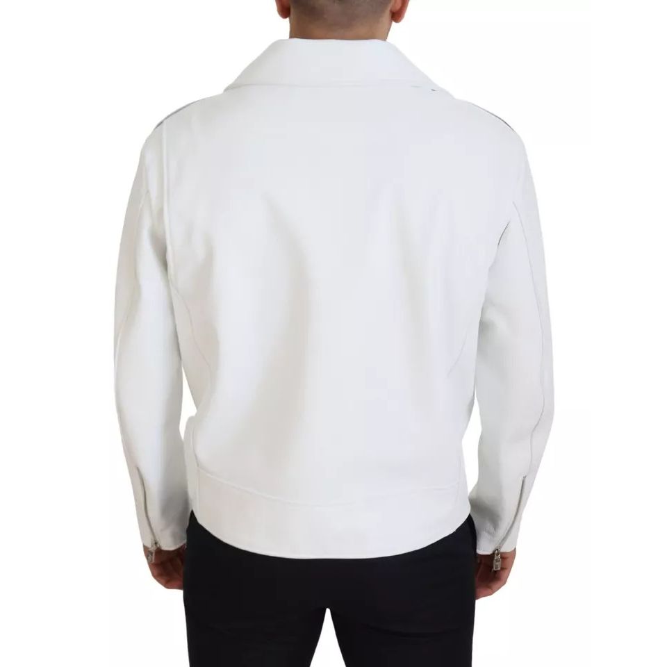 Dolce & Gabbana White Leather Biker Coat Zipper Jacket 1728,67345645728,Biker Jackets - Jackets & Coats - Clothing,Clothing,Dolce & Gabbana,IT46 | S,Jackets & Coats - Clothing,Jackets - Men - Clothing,Leather Jackets - Jackets & Coats - Clothing,Material: