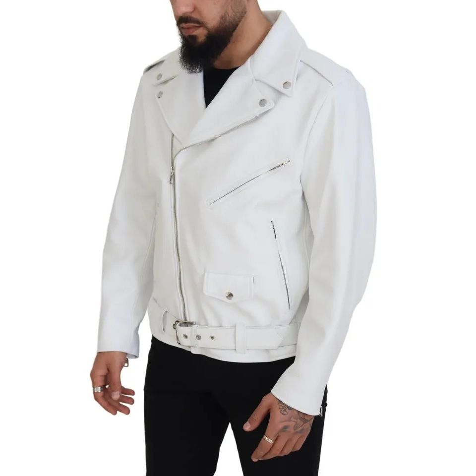 Dolce & Gabbana White Leather Biker Coat Zipper Jacket 1728,67345645728,Biker Jackets - Jackets & Coats - Clothing,Clothing,Dolce & Gabbana,IT46 | S,Jackets & Coats - Clothing,Jackets - Men - Clothing,Leather Jackets - Jackets & Coats - Clothing,Material: