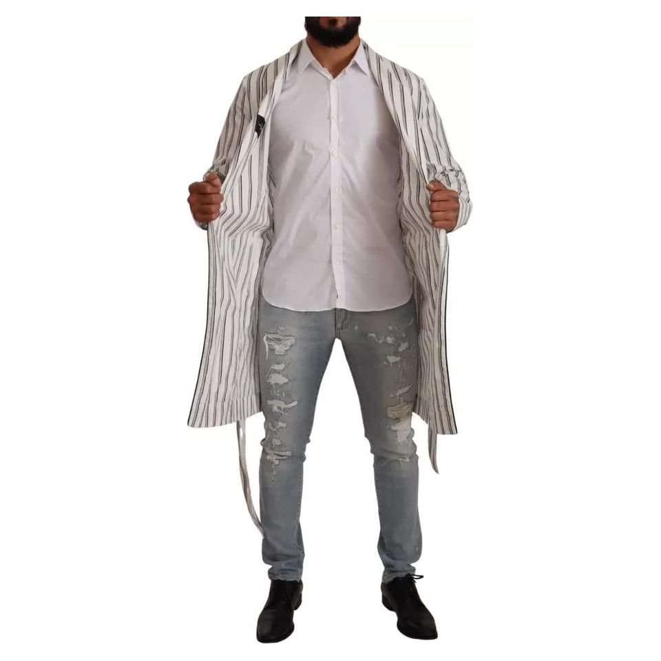 White Striped Cotton Robe Coat Wrap Jacket