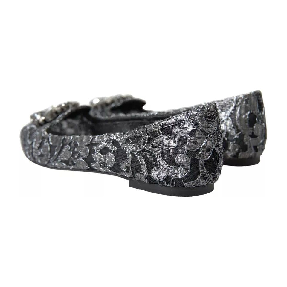 Dolce & Gabbana Gray Black Lace Crystal Ballet Loafers Shoes Dolce & Gabbana