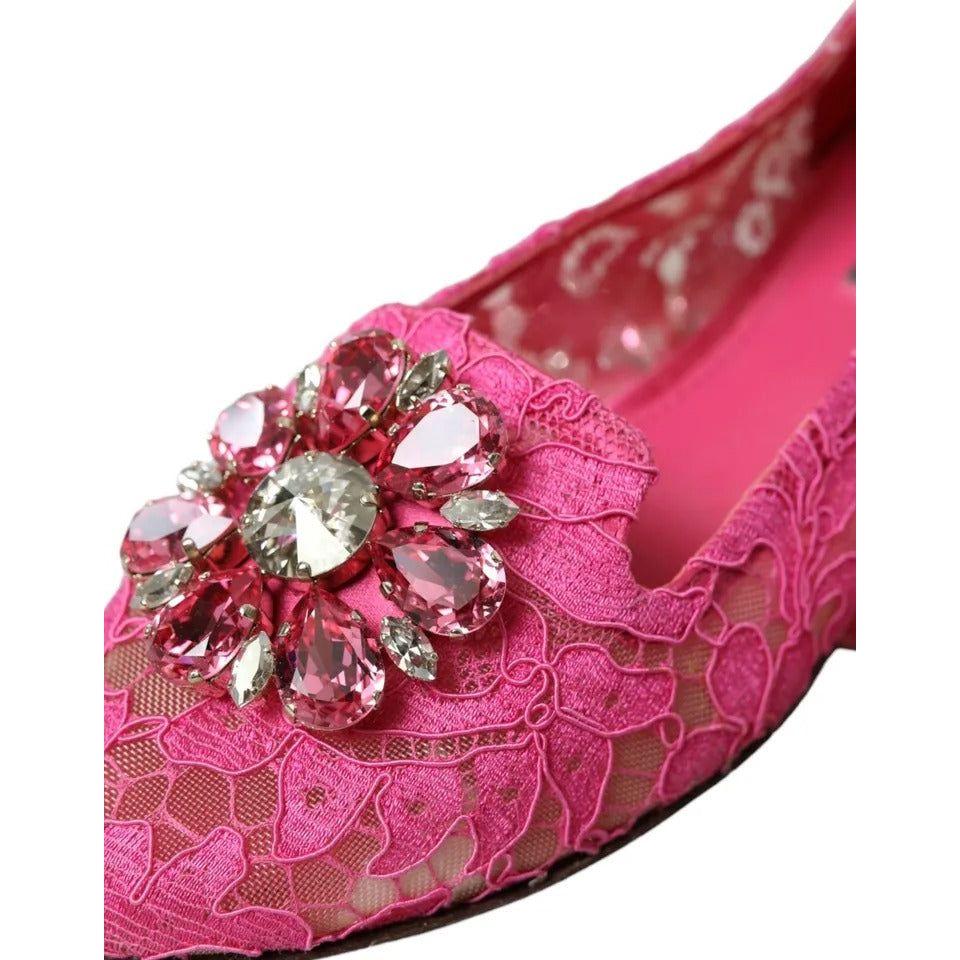 Dolce & Gabbana Pink Lace Crystal Ballet Loafers Shoes Dolce & Gabbana