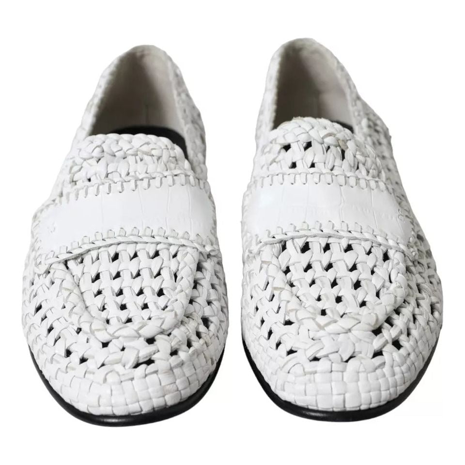 Dolce & Gabbana White Woven Leather Men Slip On Loafers Shoes Dolce & Gabbana