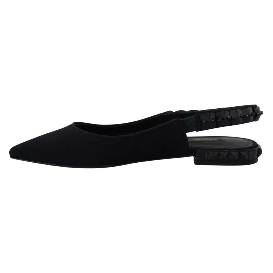 Dolce & Gabbana Black Flats Crystal Slingback Charmeuse Shoes Dolce & Gabbana