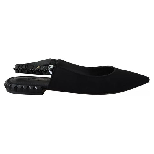 Dolce & Gabbana Black Flats Crystal Slingback Charmeuse Shoes 1728,67345645728,Black,Dolce & Gabbana,EU37/US6.5,Flat Shoes - Women - Shoes,Flats - Shoes,Material: 85% Silk 10% Viscose 5% Elastane,Mules - Flats - Shoes,Preowned / Defect,Shoes,Women