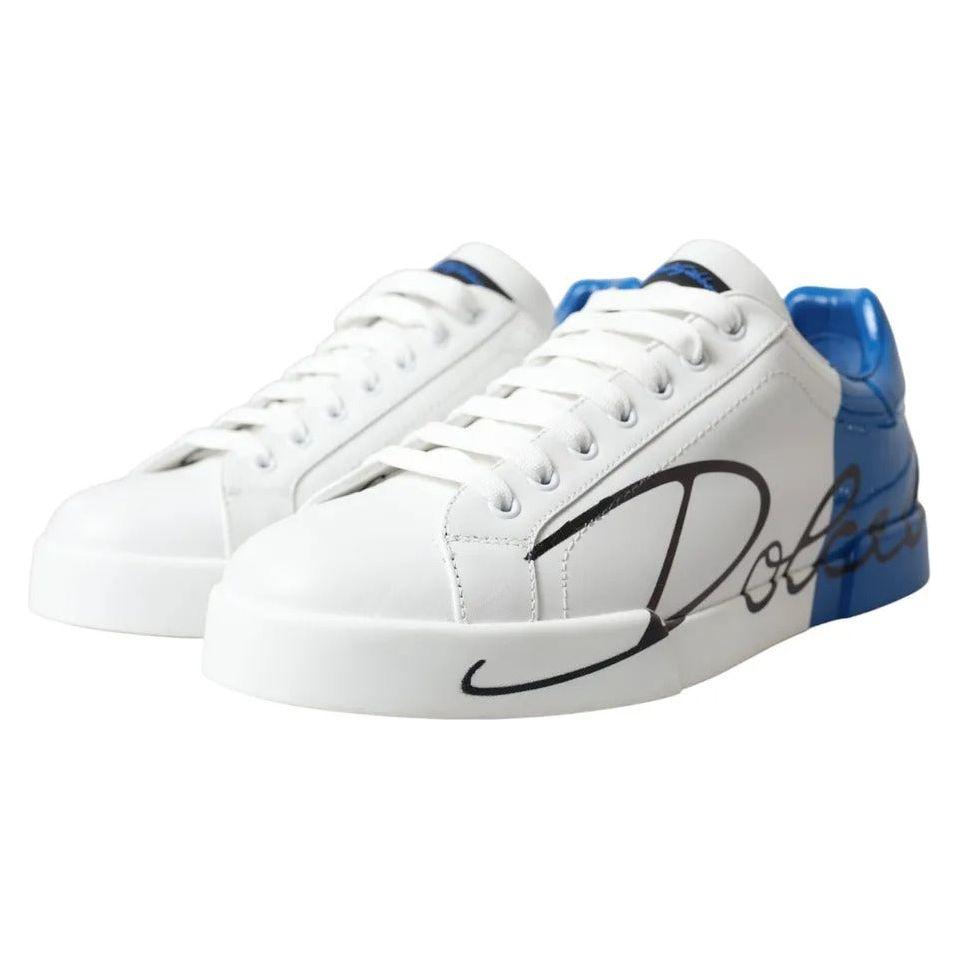 Dolce & Gabbana White Blue Leather Logo Low Top Sneakers Shoes Dolce & Gabbana