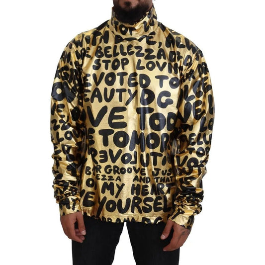 Gold Logo Print Turtleneck Pullover Sweater