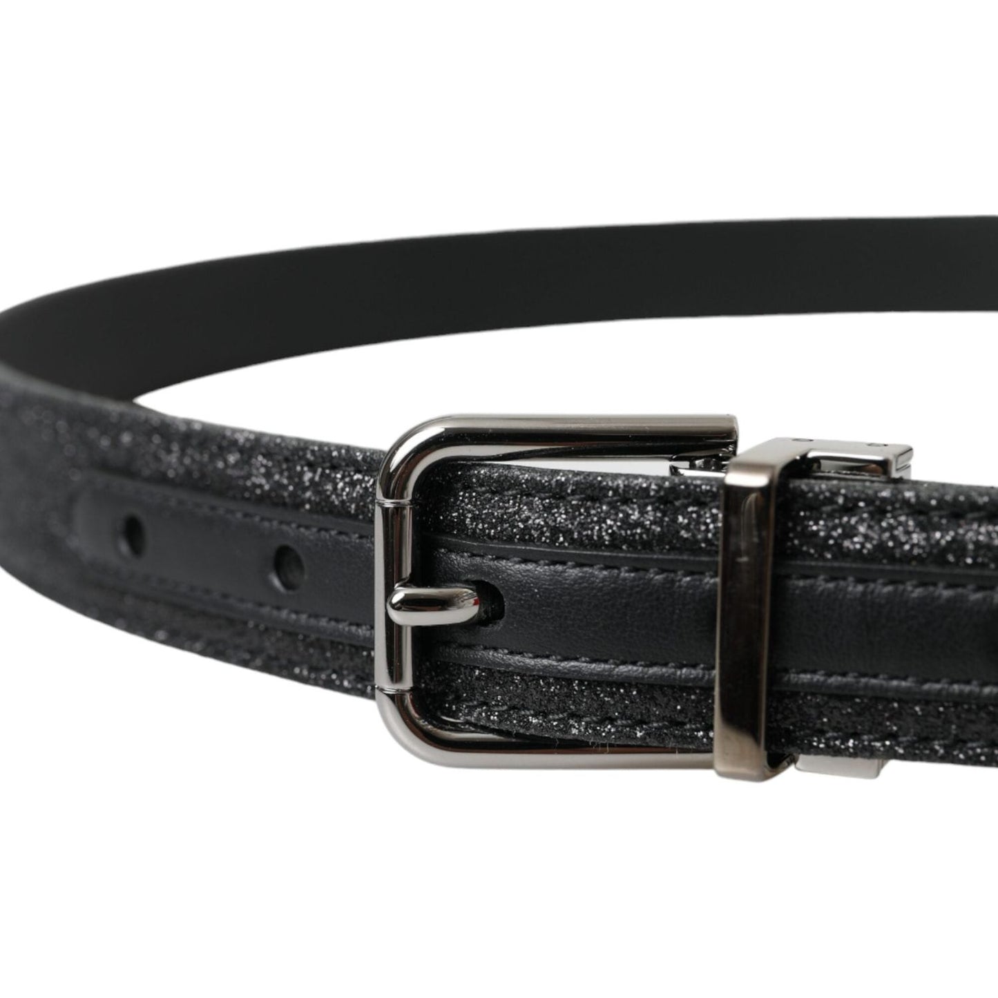 Dolce & Gabbana Black Glittered Leather Silver Buckle Belt Dolce & Gabbana