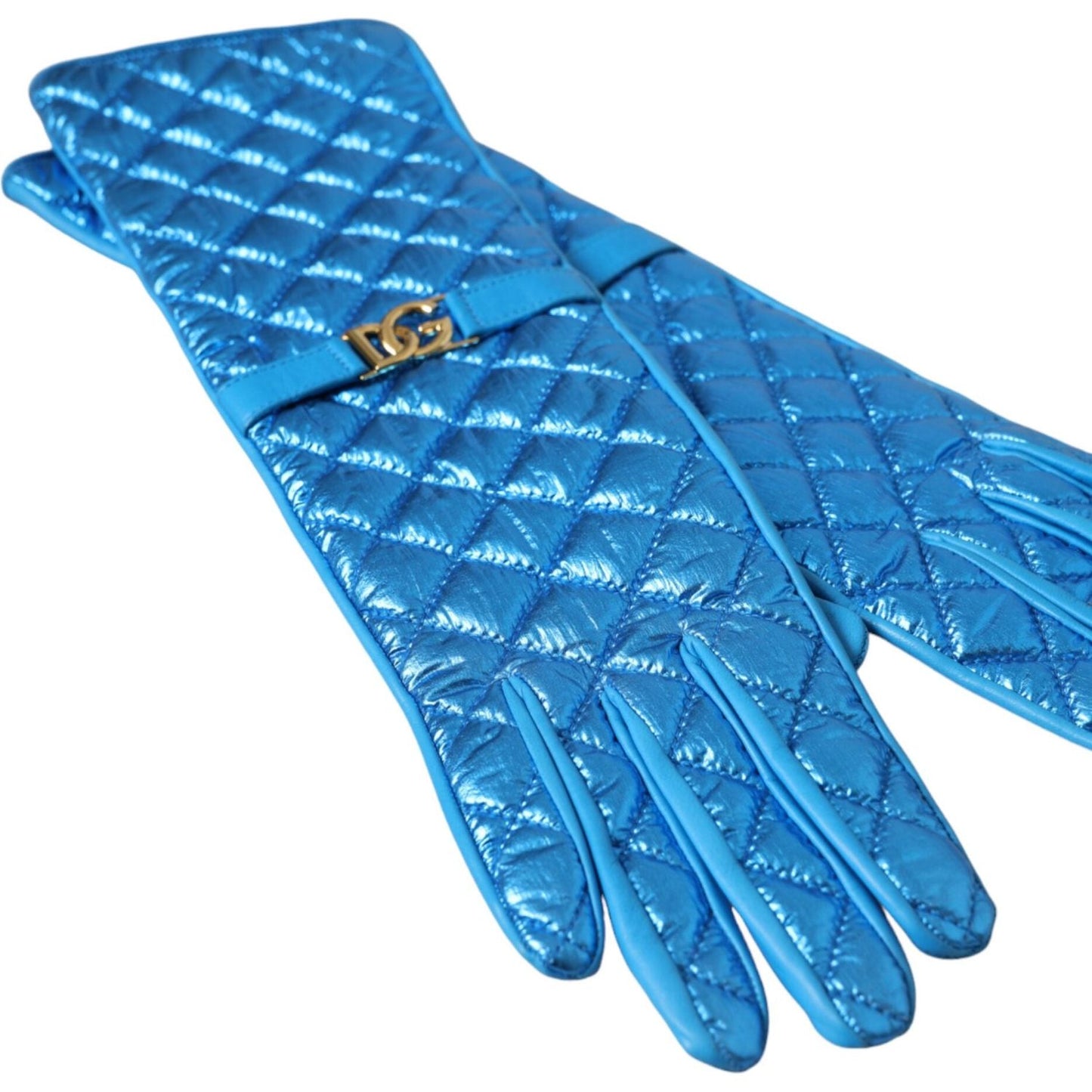 Dolce & Gabbana Blue Leather Quilted Mid Arm Length Gloves Dolce & Gabbana