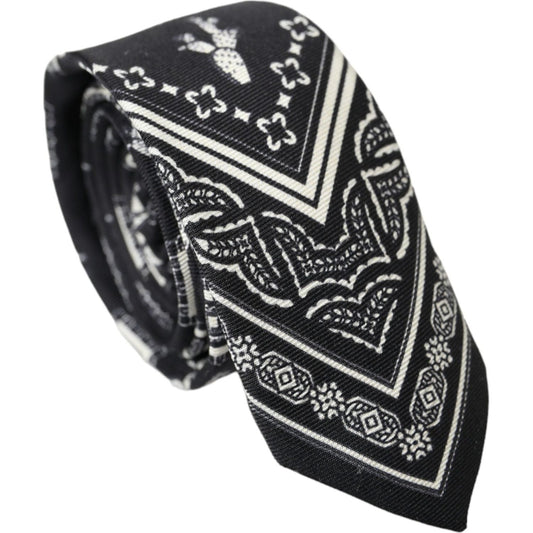 Dolce & Gabbana Black White Patterned 100% Silk Adjustable Tie Dolce & Gabbana