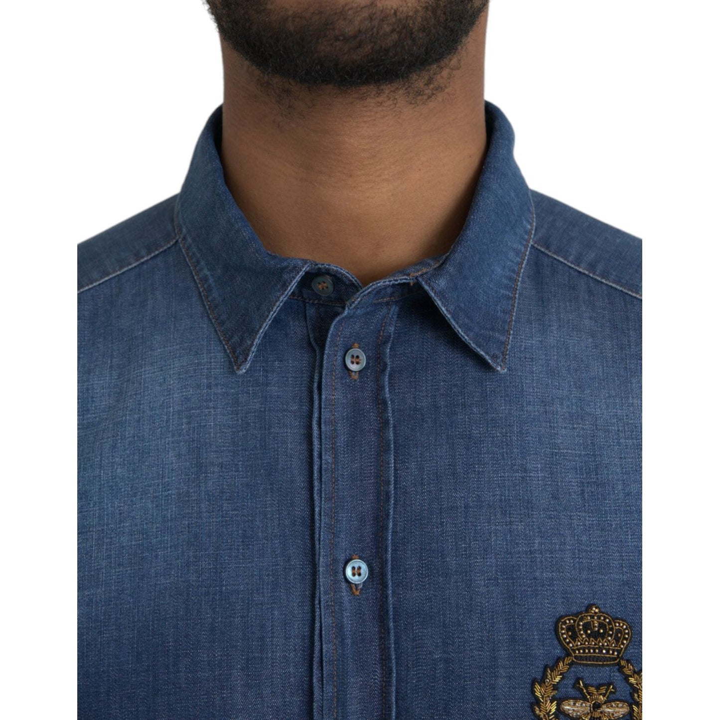 Dolce & Gabbana Blue Crown Bee Cotton Denim GOLD Shirt Dolce & Gabbana