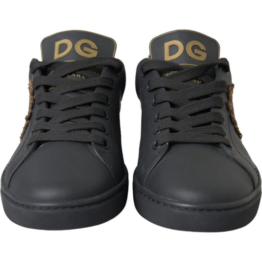 Black Leather Heart Embellished Sneakers Shoes