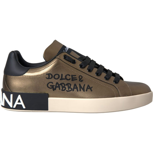 Gold Black Portofino Calf Leather Sneakers Shoes