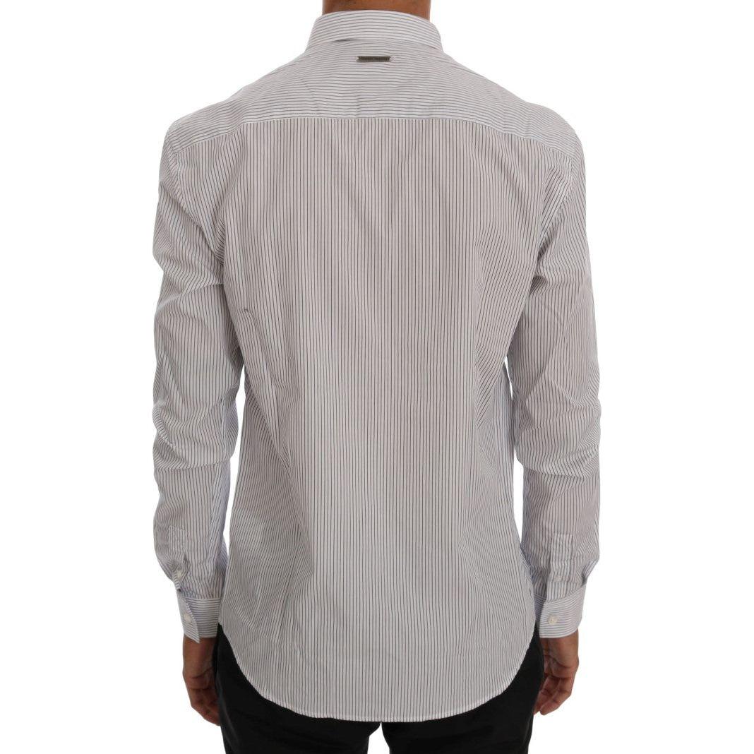 Frankie Morello White Blue Striped Casual Cotton Regular Fit Shirt