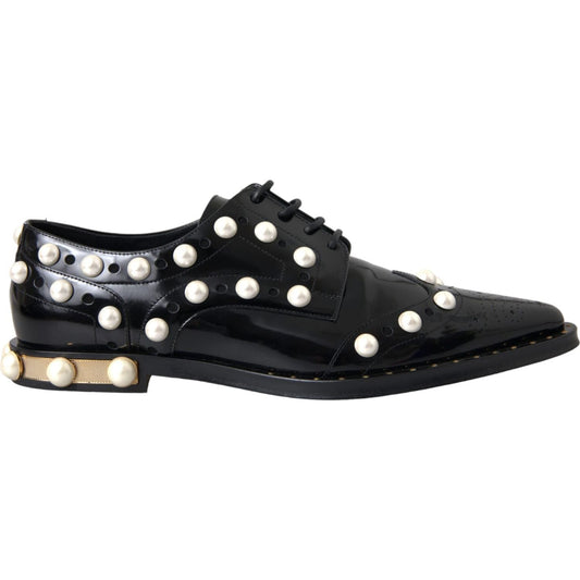 Dolce & Gabbana Black Leather Faux Pearl Dress Broque Shoes 1728,67345645728,Black,Dolce & Gabbana,EU40/US9.5,Flat Shoes - Women - Shoes,Lace-Up - Pumps - Shoes,Material: 74% Calf Leather 26% Goat Leather,Oxfords and Derbies - Shoes,Preowned / Defect,Pump